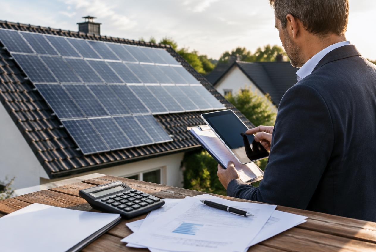 Berater prüft ein Solarangebot mit Taschenrechner vor einem Haus mit PV-Anlage