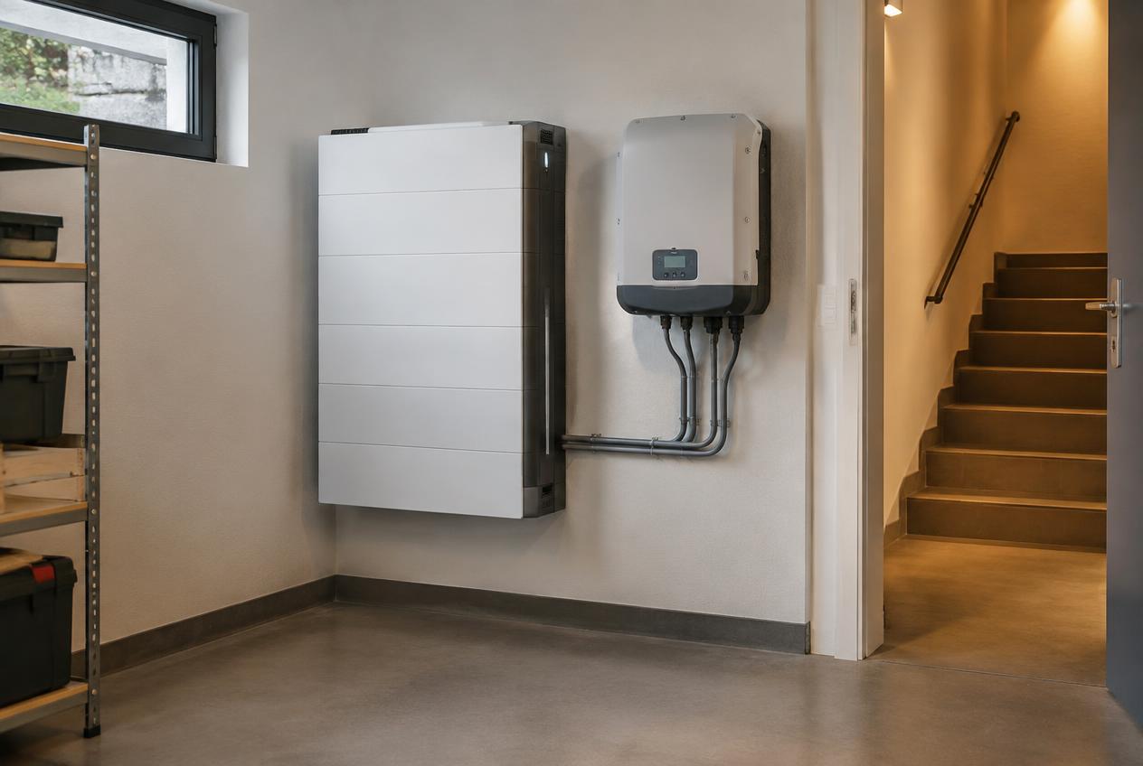 Batteriespeicher und Wechselrichter ordentlich installiert in einem Hauswirtschaftsraum
