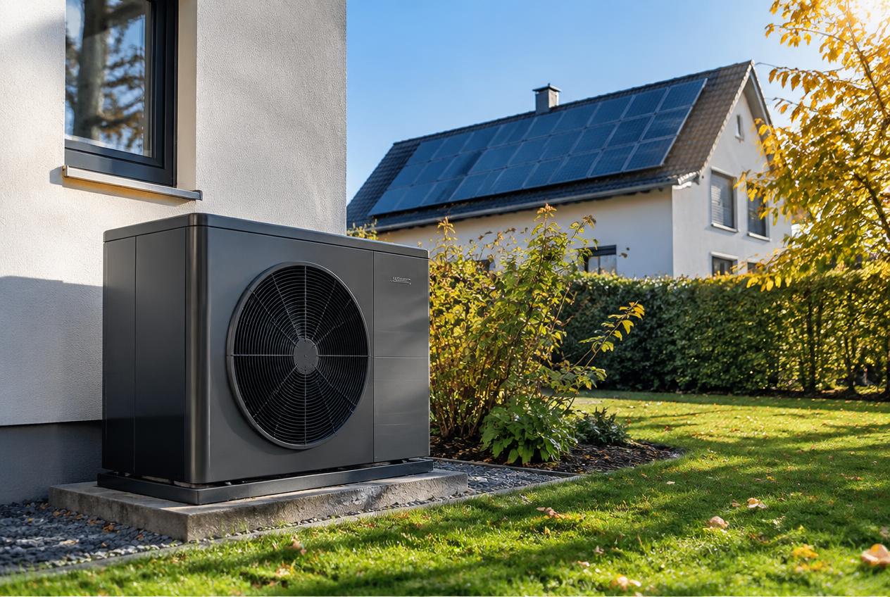 Luft-Wärmepumpe vor einem Einfamilienhaus, im Hintergrund eine Solaranlage auf dem Dach