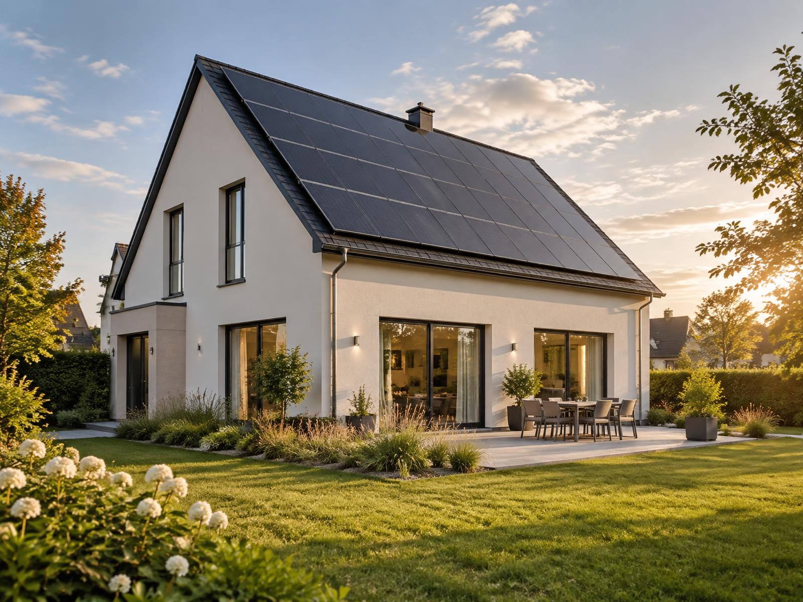 Modernes Einfamilienhaus mit Photovoltaikanlage auf dem Satteldach